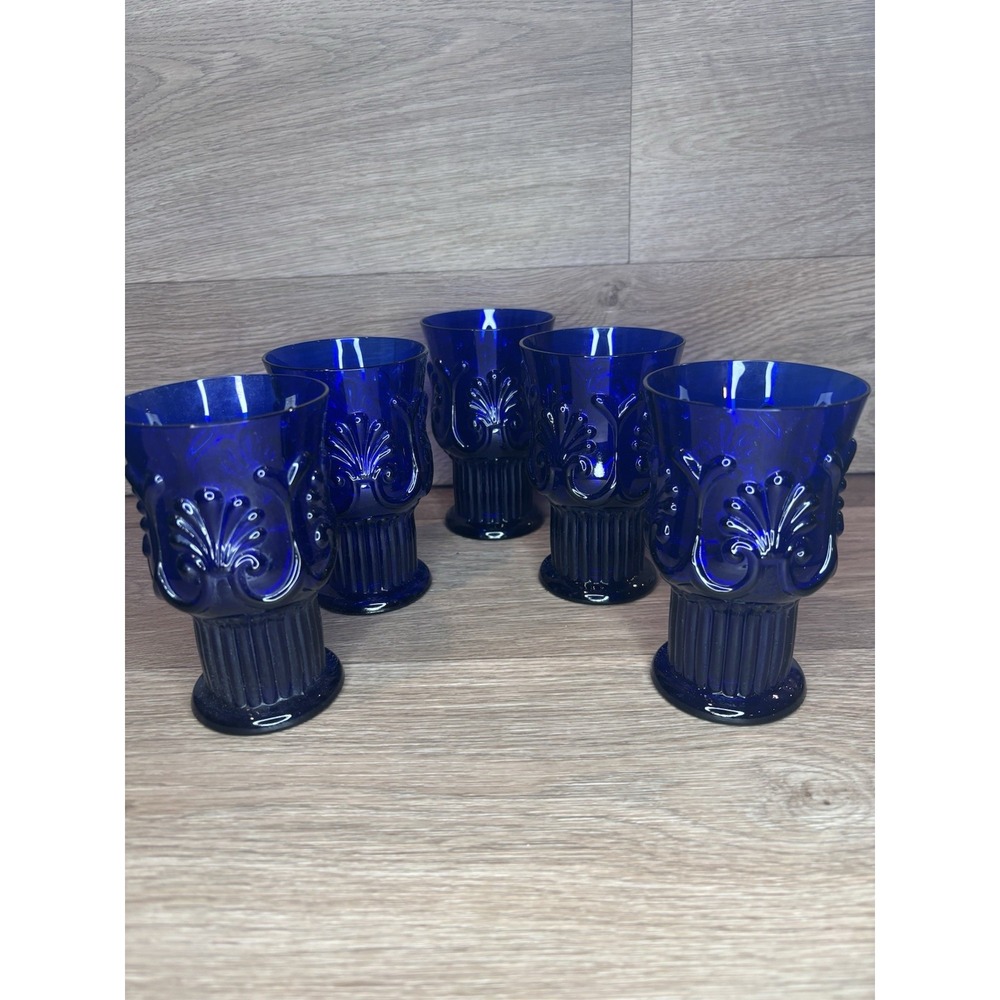 Set Of 5 Vintage Cobalt Blue Libbey Pilgrim Embossed Glasses; One Chip, See Pics